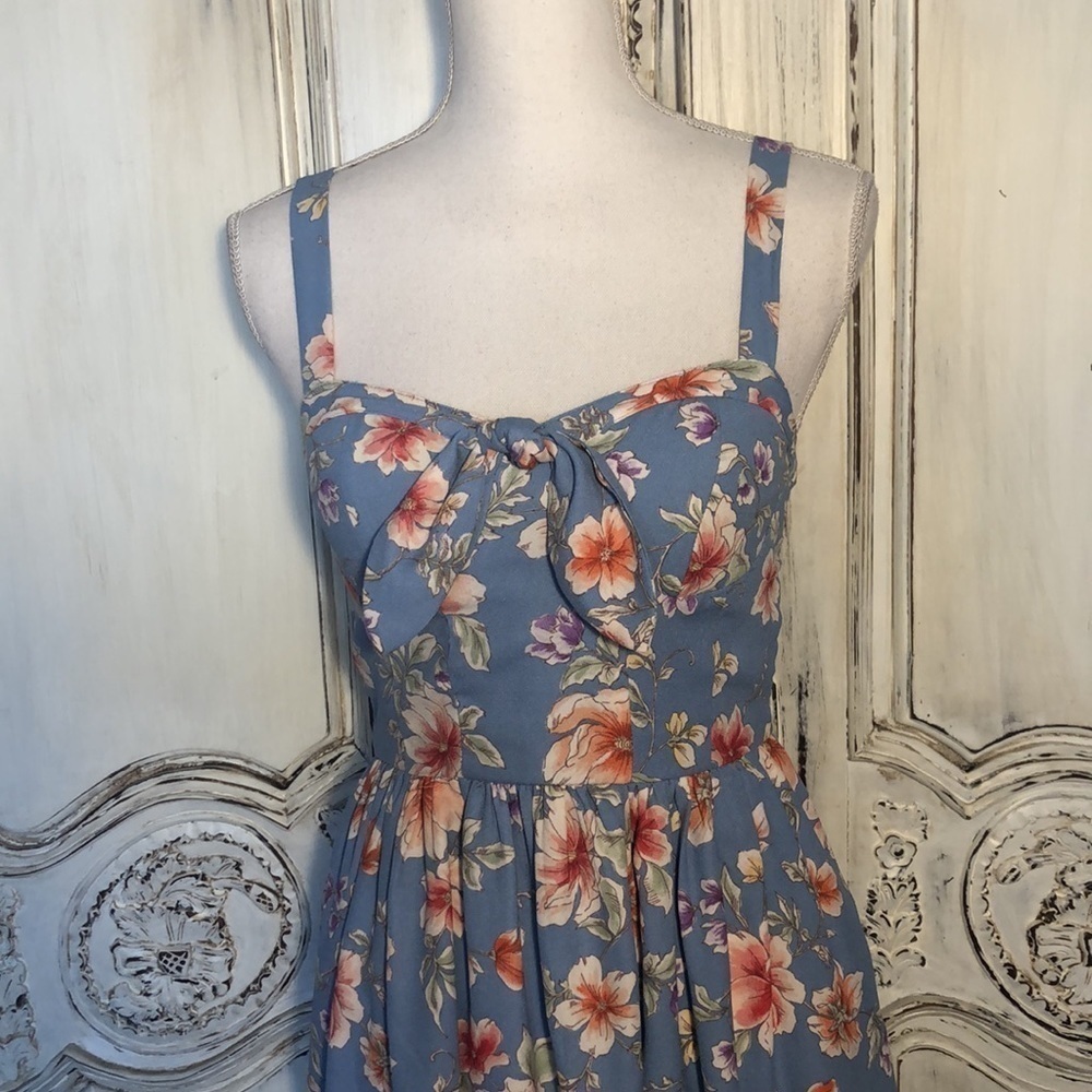Pinup 50’s FairyCore Coastal Cowgirl Style Blue Floral Strap Dress Size XS - Picture 5 of 11